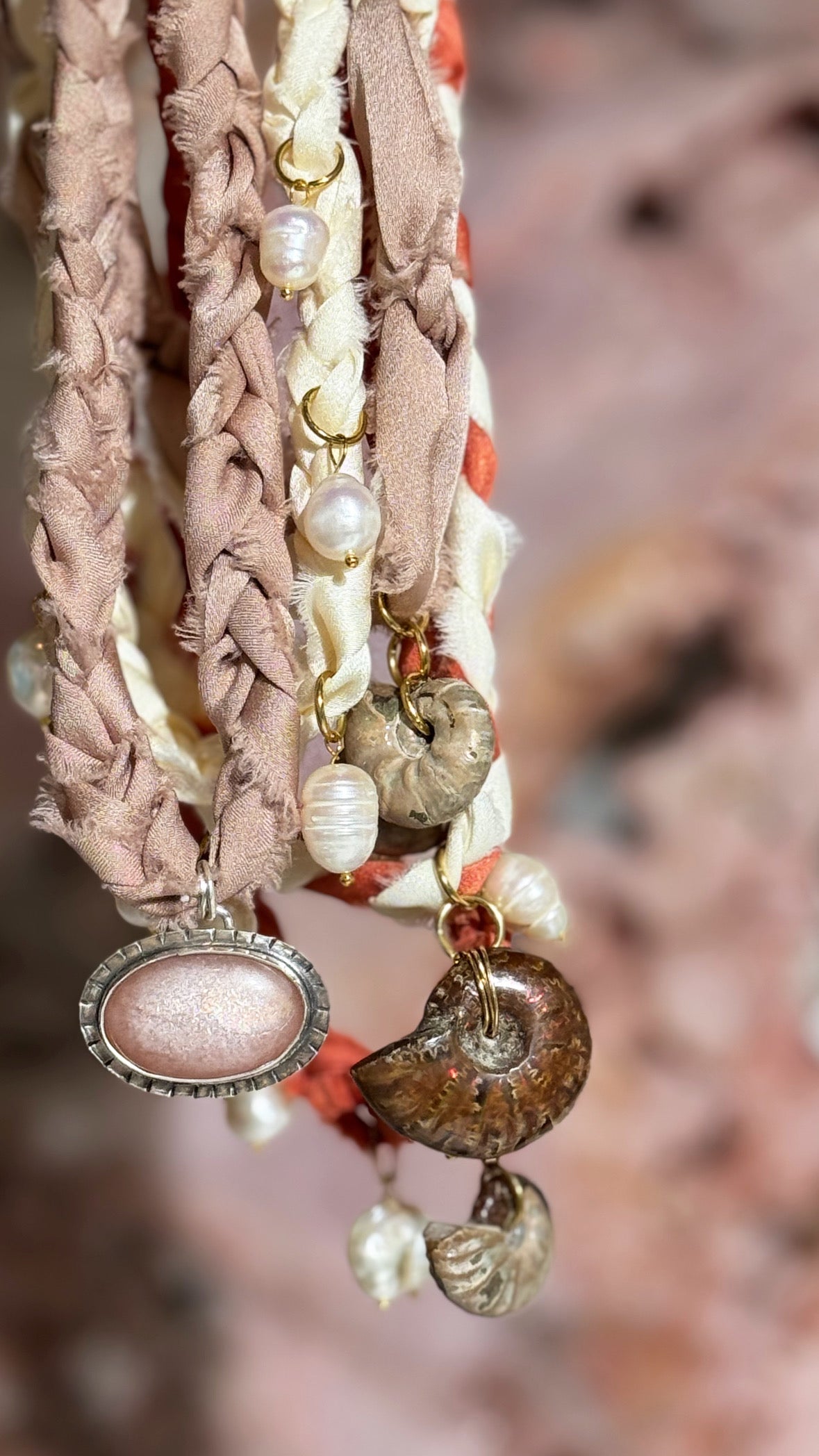 Large Ammonite on Coral / White Braided Necklace Chain