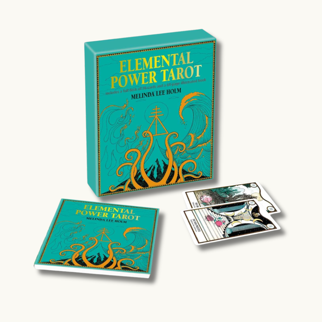 "Elemental Power Tarot Deck" displaying a deck of tarot cards themed around the elements of nature, featuring intricate illustrations representing earth, air, fire, and water energies infused with mystical symbolism.