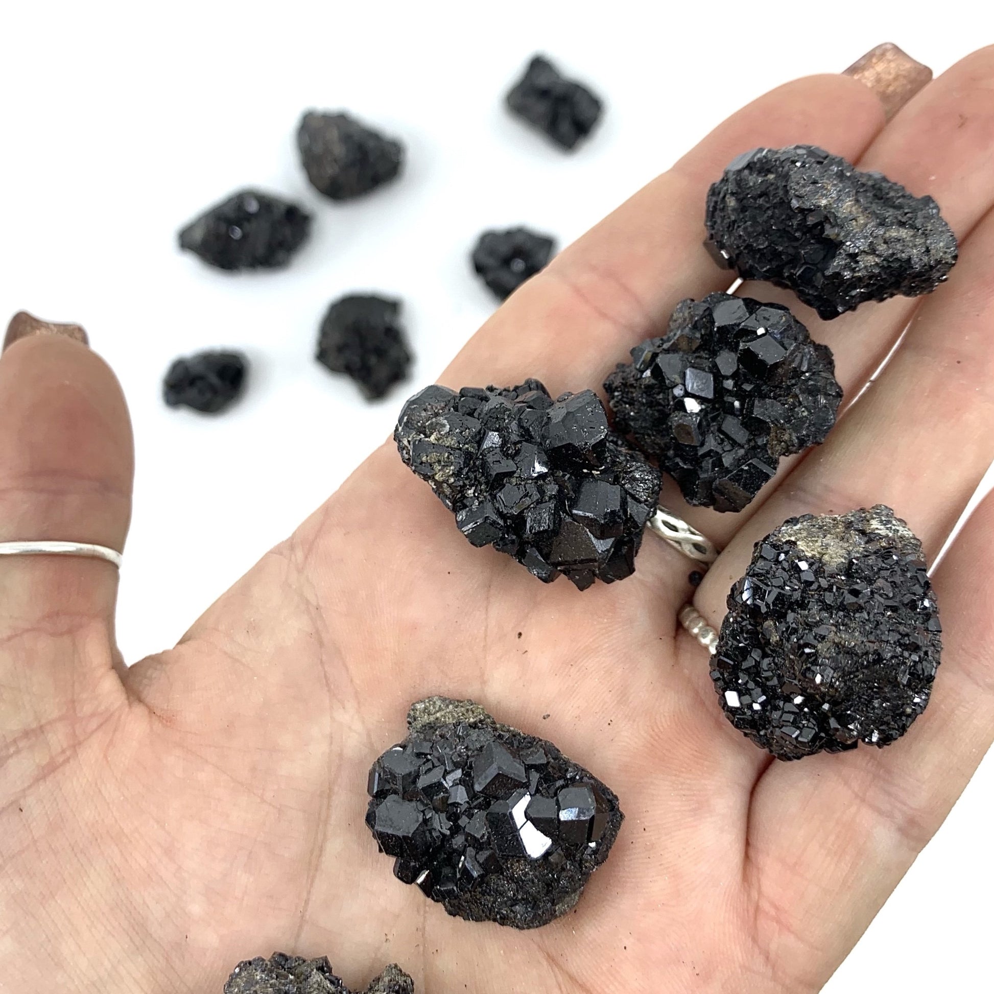 Black Garnet clusters, approximately 1 inch in size, handpicked for you by Juniper Stones.